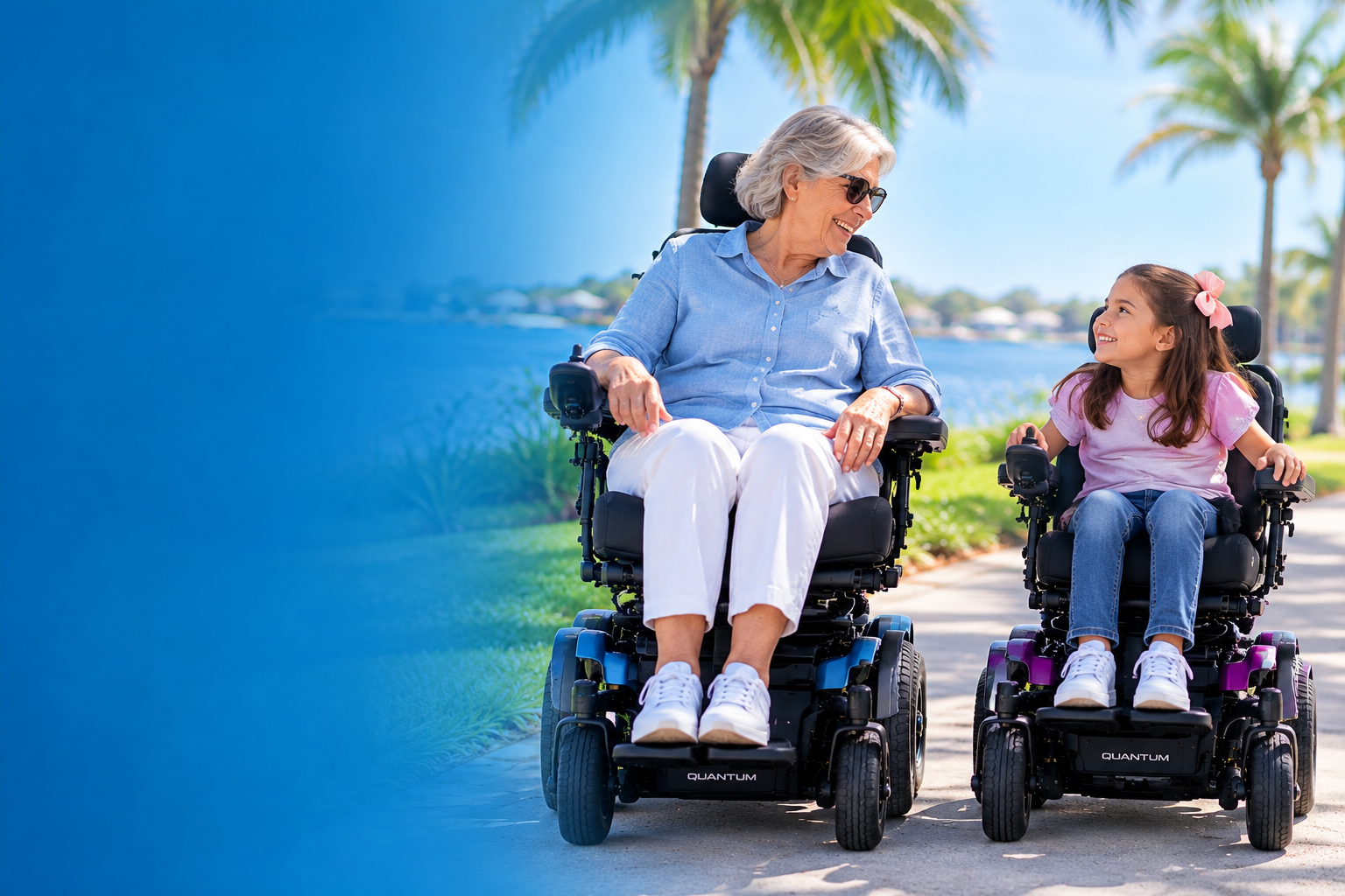 Older woman and young girl smiling at each other while sitting in power wheelchairs outdoors near water and palm trees.