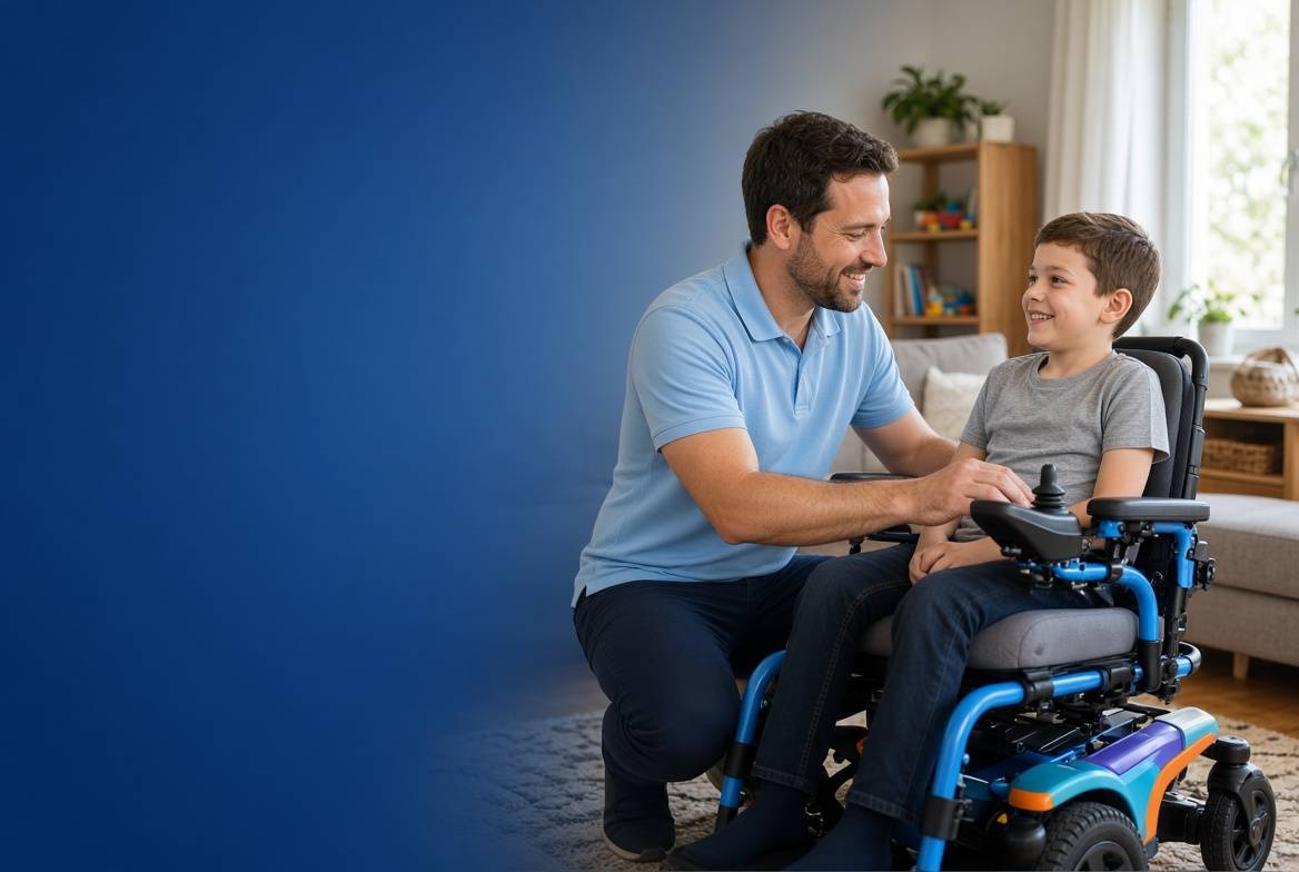 Smiling man in a blue shirt helps a happy boy in a motorized wheelchair inside a cozy living room.
