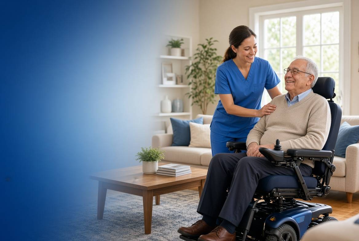 Nurse smiling and gently supporting an elderly man in a motorized wheelchair inside a bright, cozy living room.